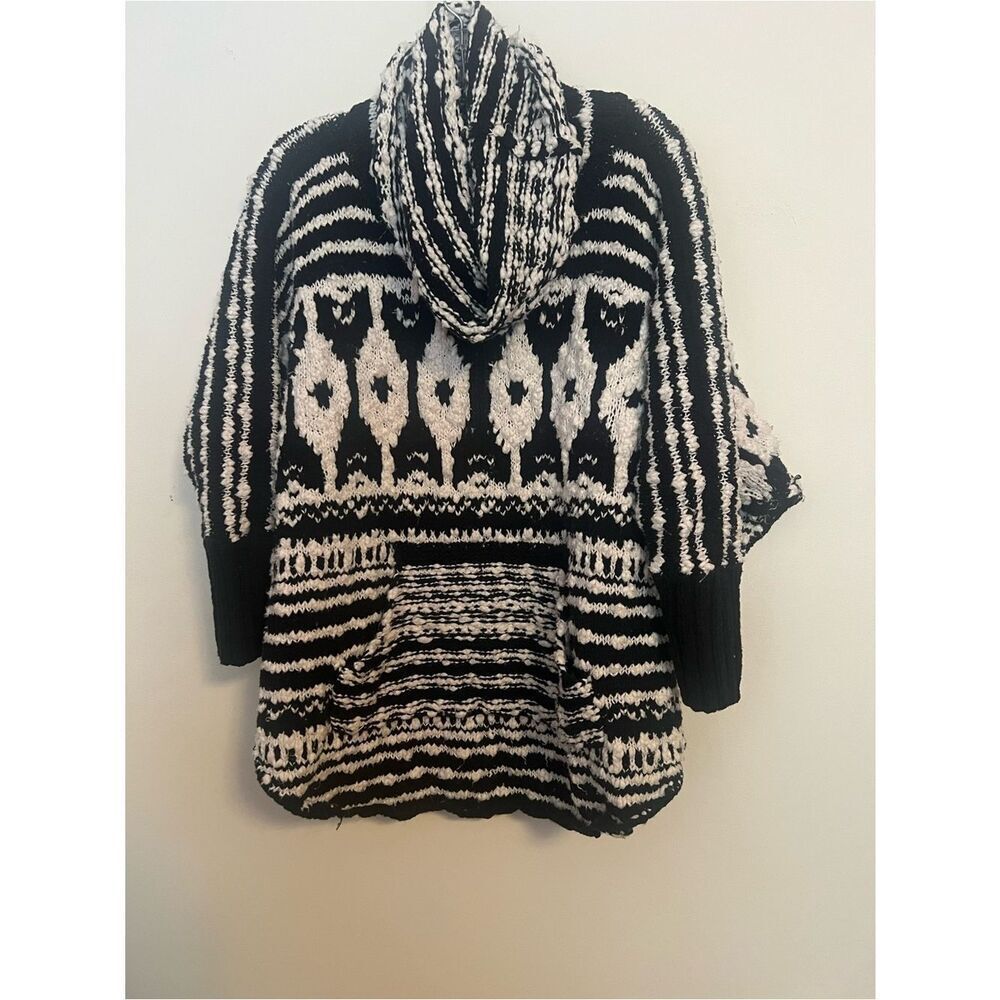Free People Black & White Patterned Cowl Hoodie Sweater